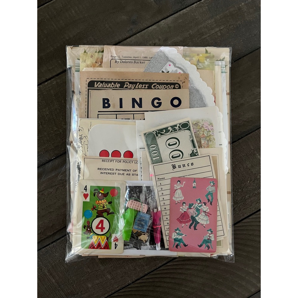-SOLD-Vintage Ephemera Junk Journal Kit Paper Scraps Bingo Card Play Scrapbook